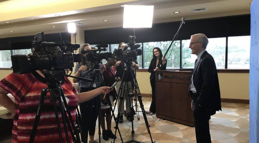 Vidant Health CEO Dr. Michael Waldrum speaks with the media