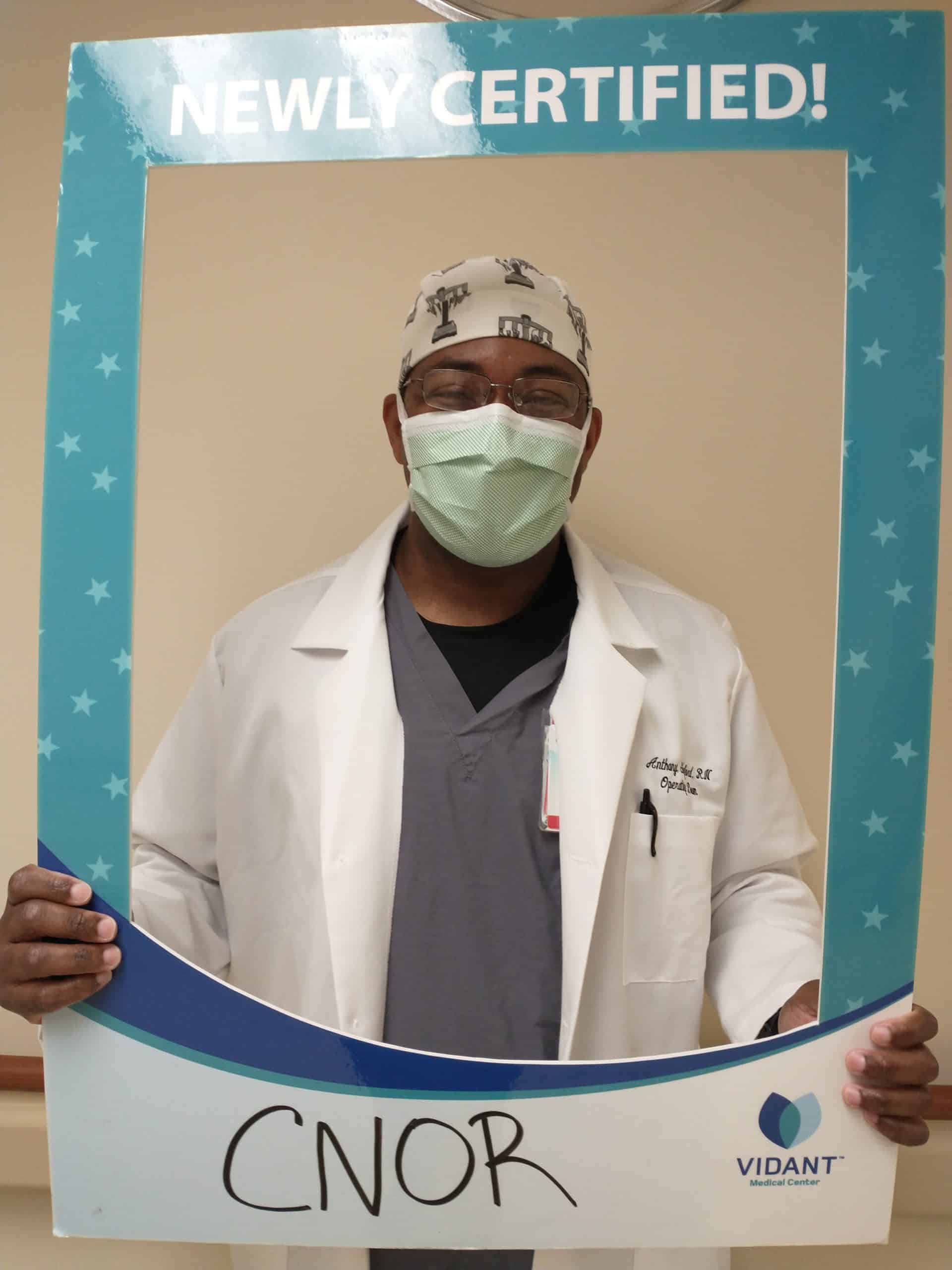 Anthony Shuford RN, CNOR, works in the operating room and received his certified nurse of OR certifications