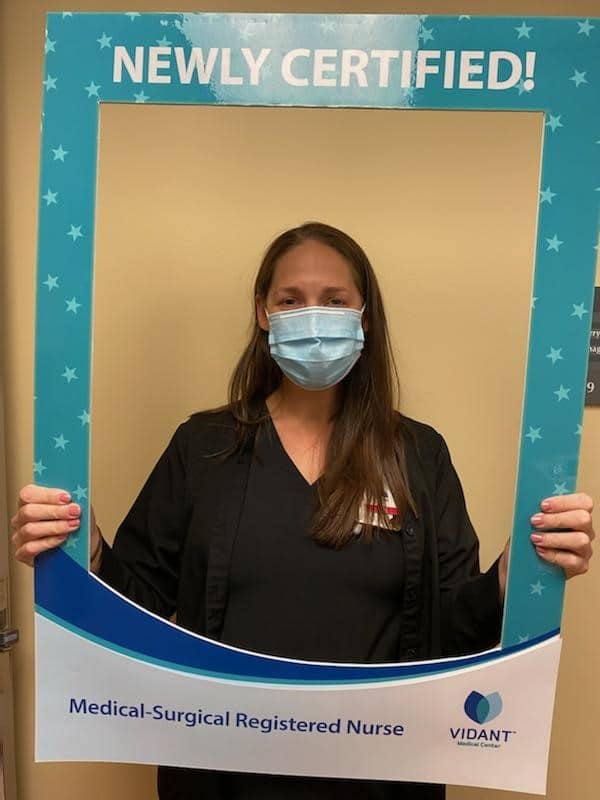 Kristin Hoffer, BSN, RNBC-MED, works on 2N Medicine and received her registered nurse board certification-medical surgical