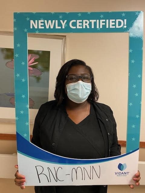 Simone McCoy, MSN, RNC-MNN, works on 1 West Mother Baby and received her registered nurse Certification in maternal newborn nursing