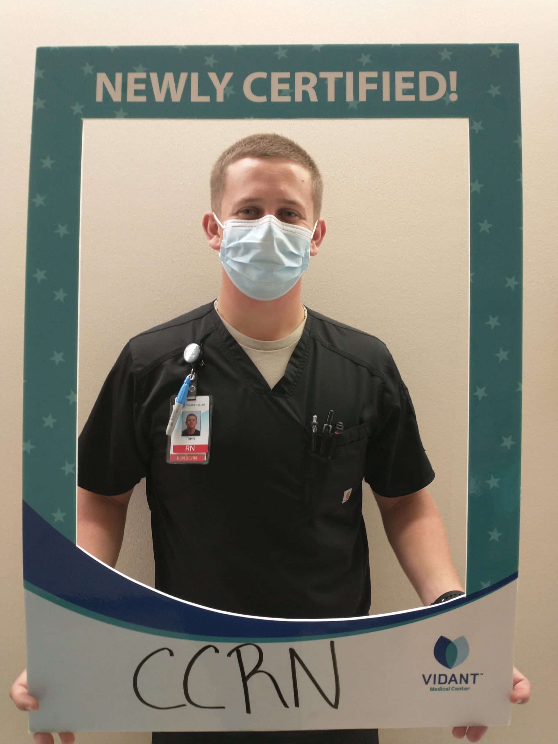 Travis Craney, BSN, RN, CCRN, SCRN works in Neuroscience Intensive Care Unit and received his critical care registered nurse certification